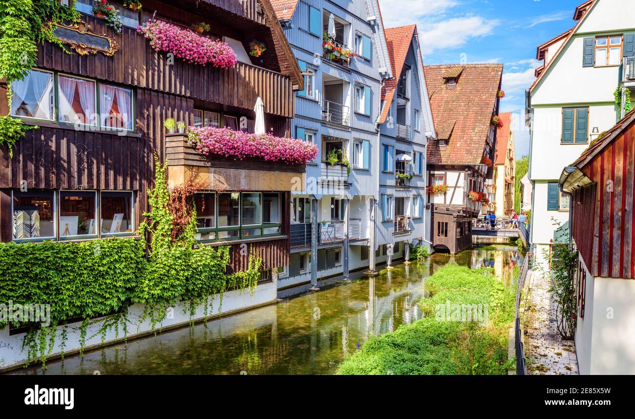 Old street in Ulm city, Germany. Nice view of beautiful houses in historical Fisherman`s Quarter. This place is famous landmark of Ulm. Panorama of an Stock Photo